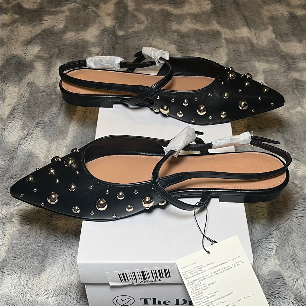 The Drop Tammie Pointed Toe Black Studded Slingback Flats - Picture 6 of 11